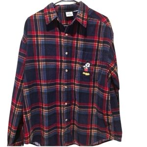 Vintage Disney Adult Size Plaid Flannel Button-Down Shirt With Mickey